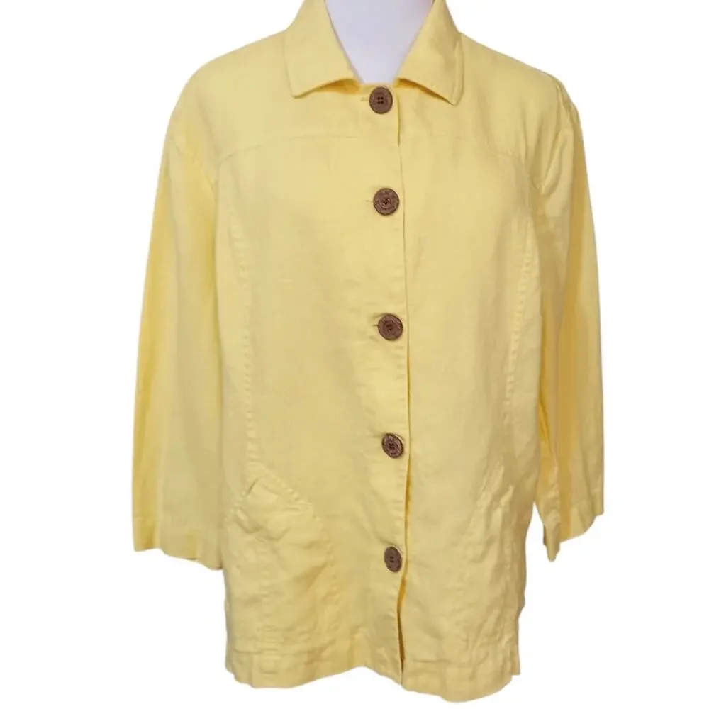 CHICO'S 1 Yellow 100% Linen Jacket M Pockets Light Office Career Travel Vacation